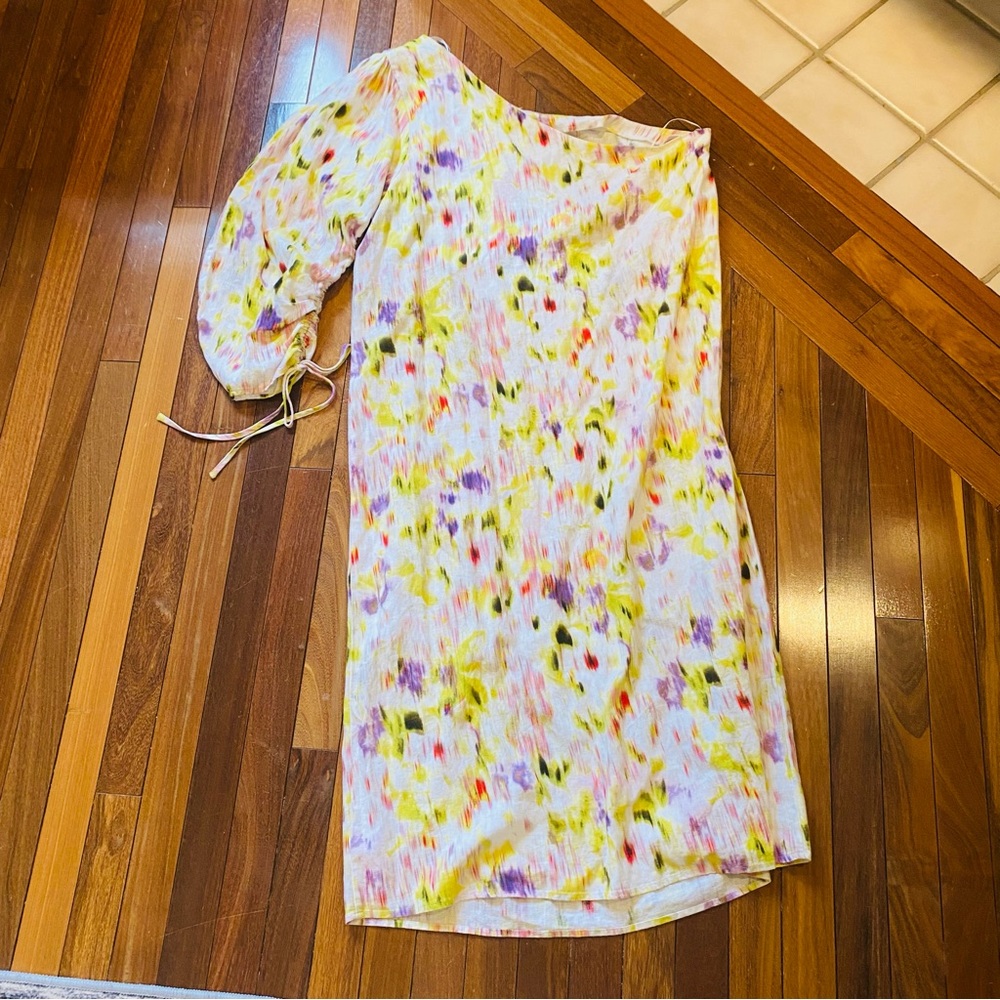 NWT Future Collective Linen blend L/S One Shoulder Midi Dress XXL White Floral - Picture 7 of 10